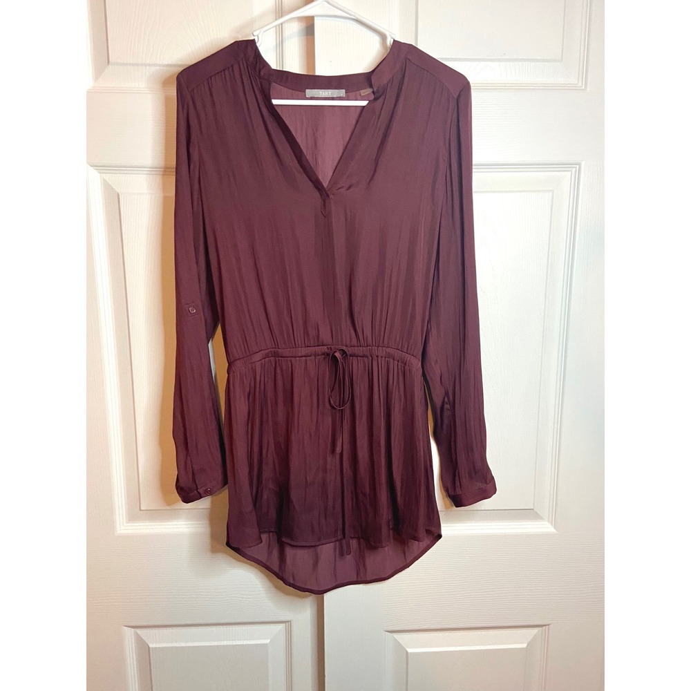 Tart Collections Burgundy Roll Tab Long Sleeve Drawstring Waist Tunic Top Small